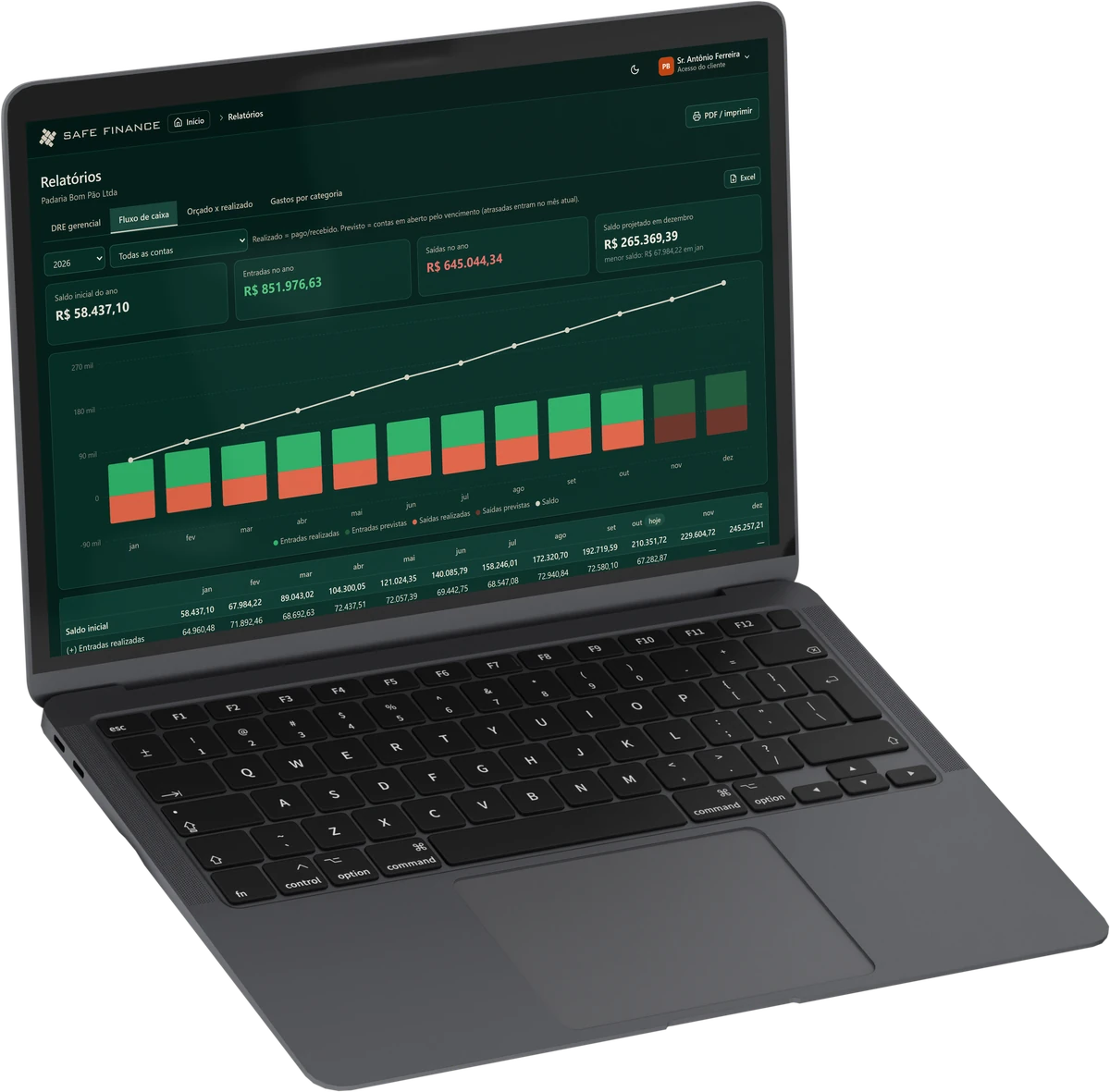 Notebook aberto com o relatório de fluxo de caixa do portal do cliente