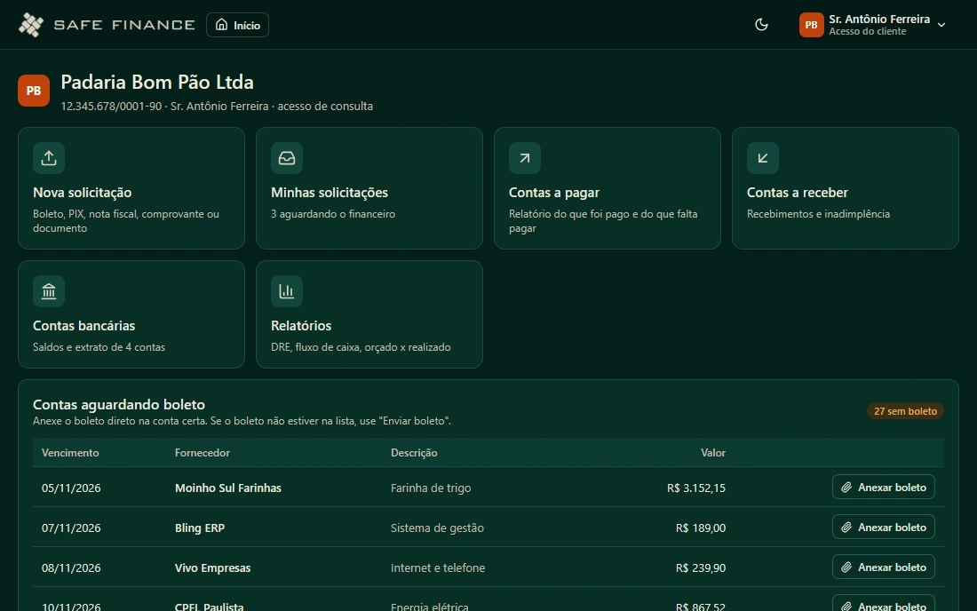 Tela inicial do portal do cliente Safe Finance